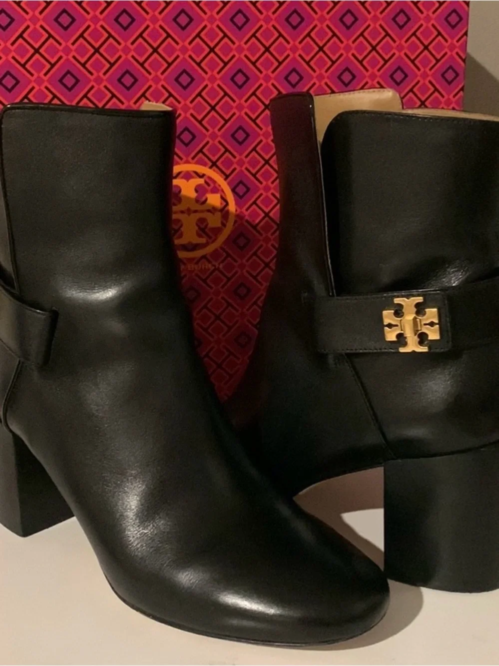 Tory Burch Black Leather Block Heel Ankle Booties with Gold Logo